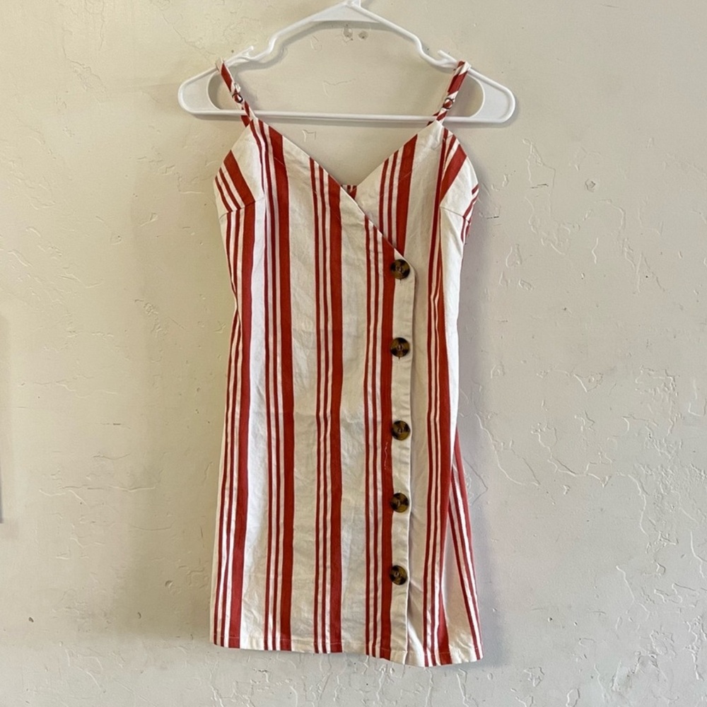 Sky & Sparrow Orange and White Striped Asymmetric Button Down Mini Dress Med